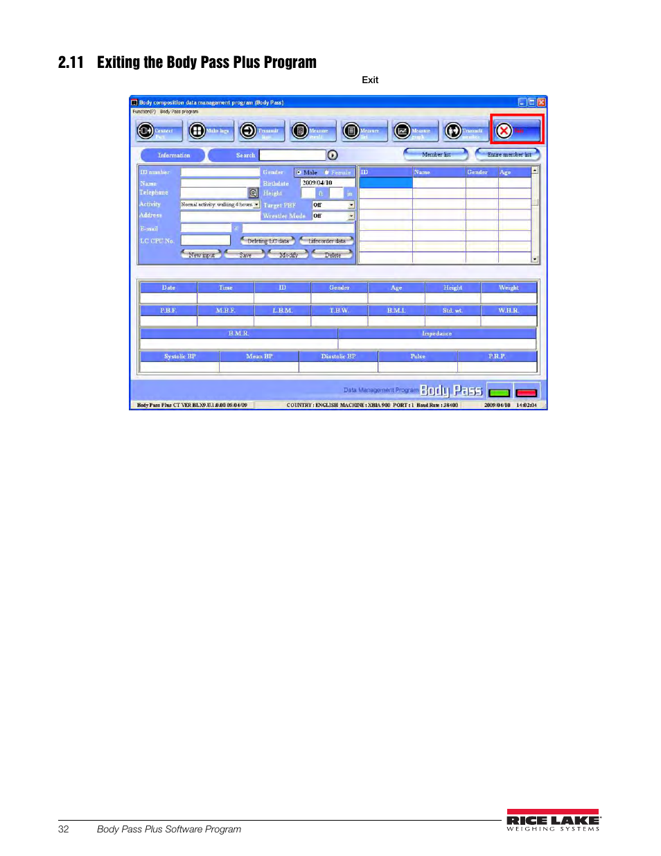 11 exiting the body pass plus program | Rice Lake Upper Body Single Frequency Composition Analyzer - D1000-2 - Pass Plus Software User Manual | Page 36 / 38