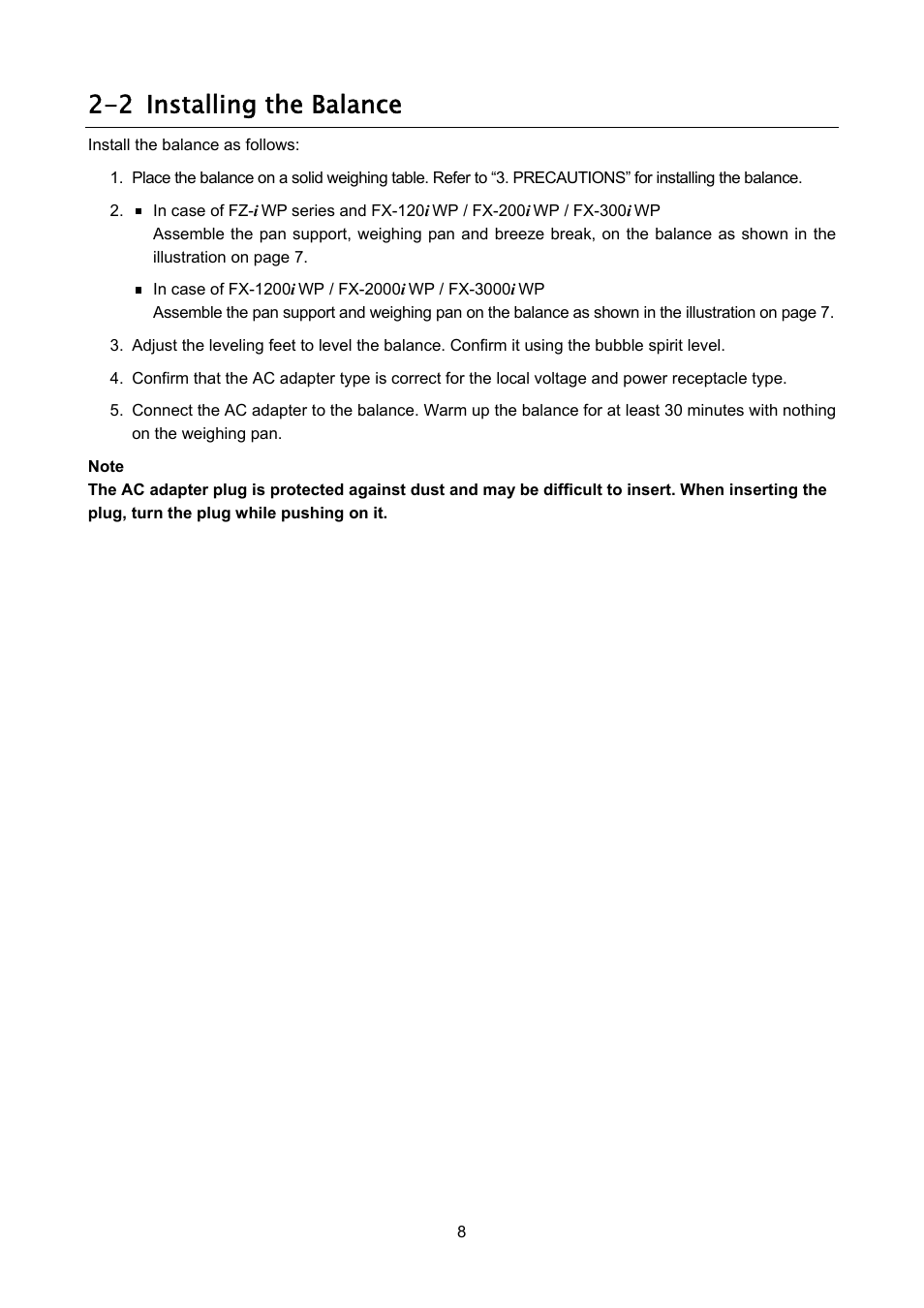 2 installing the balance | Rice Lake FX-i WP Series, A&D Weighing User Manual | Page 10 / 80