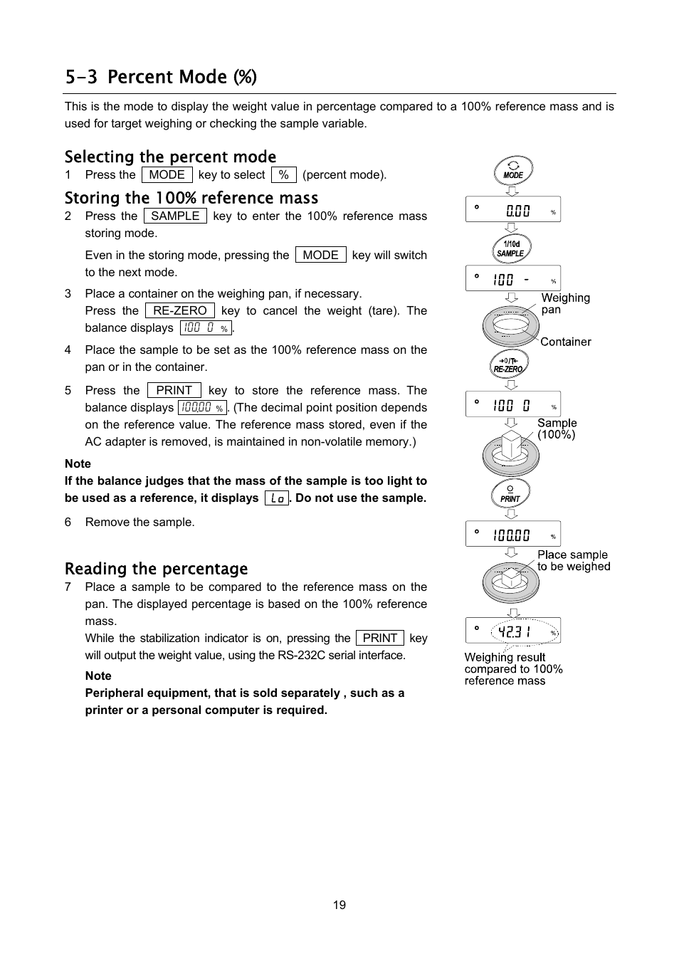 3 percent mode (%), Selecting the percent mode, Storing the 100% reference mass | Reading the percentage | Rice Lake FX-i WP Series, A&D Weighing User Manual | Page 21 / 80