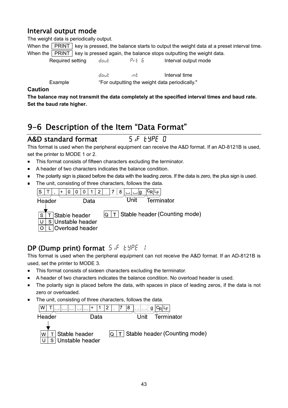 6 description of the item “data format, Interval output mode, A&d standard format 5if type 0 | Dp (dump print) format 5if type 1 | Rice Lake FX-i WP Series, A&D Weighing User Manual | Page 45 / 80