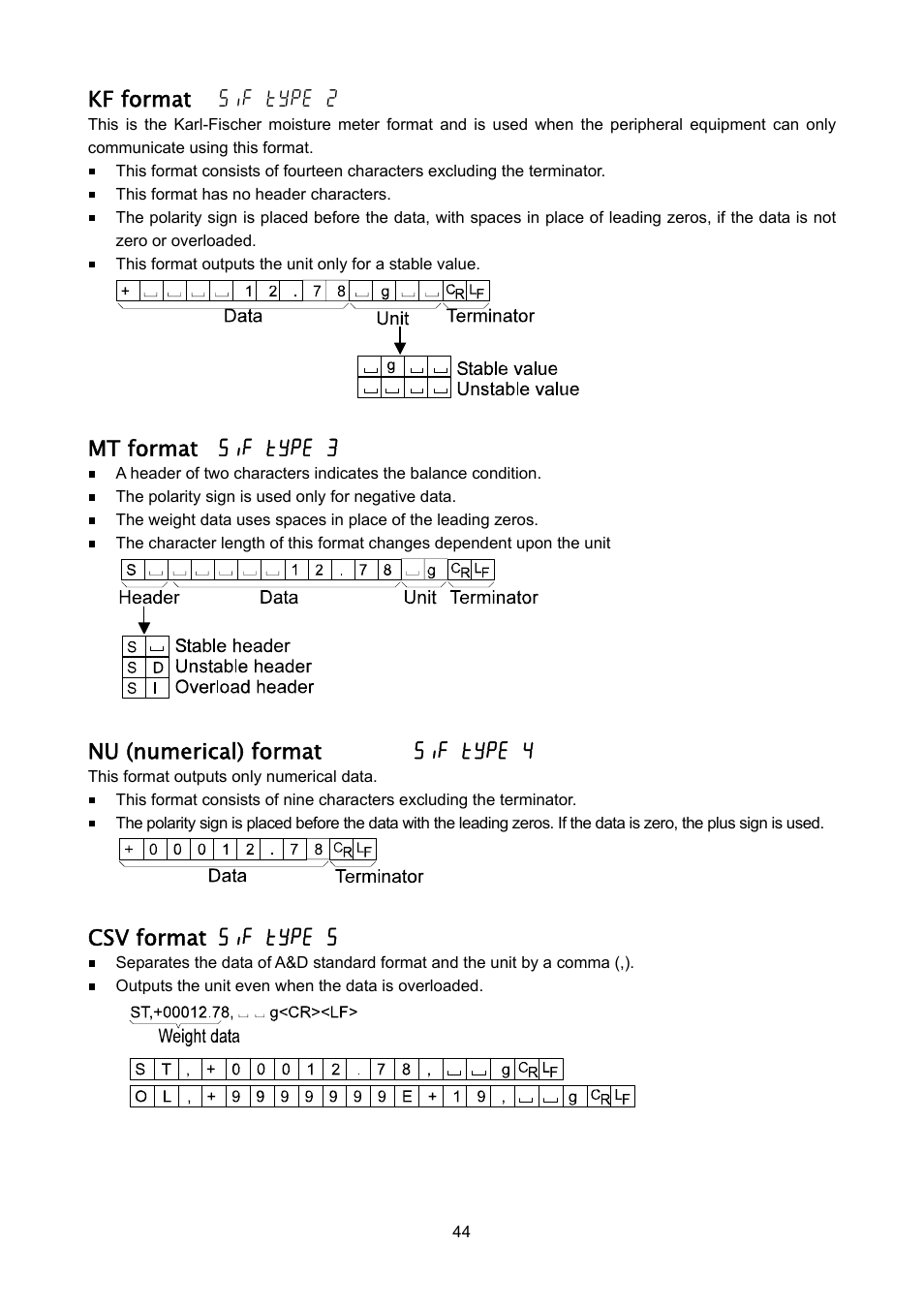 Kf format 5if type 2, Mt format 5if type 3, Nu (numerical) format 5if type 4 | Csv format 5if type 5 | Rice Lake FX-i WP Series, A&D Weighing User Manual | Page 46 / 80