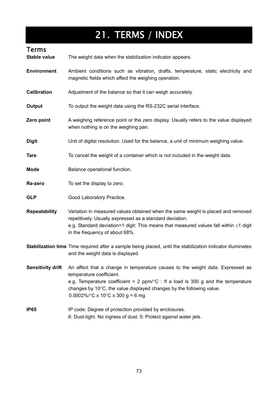 Terms / index, Terms | Rice Lake FX-i WP Series, A&D Weighing User Manual | Page 75 / 80