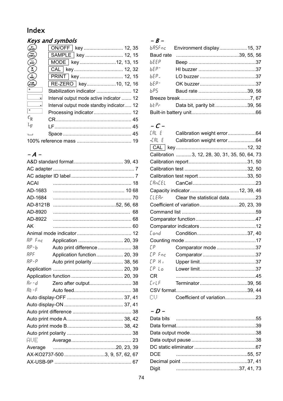 Index, Keys and symbols | Rice Lake FX-i WP Series, A&D Weighing User Manual | Page 76 / 80