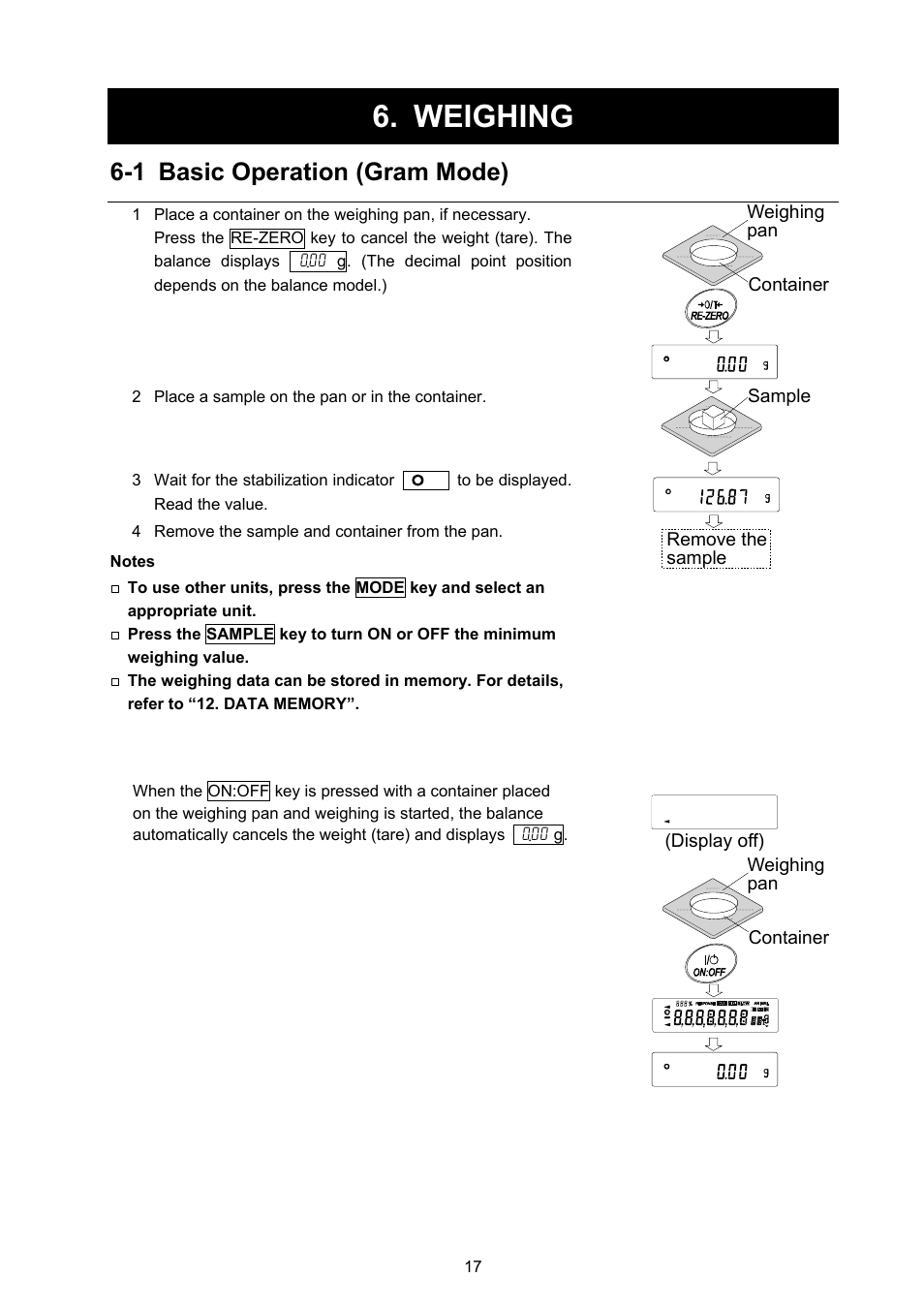 Weighing, 1 basic operation (gram mode) | Rice Lake GF Series, A&D Weighing User Manual | Page 19 / 82