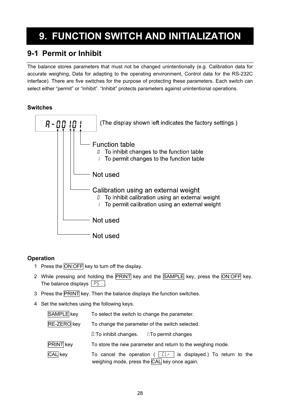 Function switch and initialization, 1 permit or inhibit | Rice Lake GF Series, A&D Weighing User Manual | Page 30 / 82