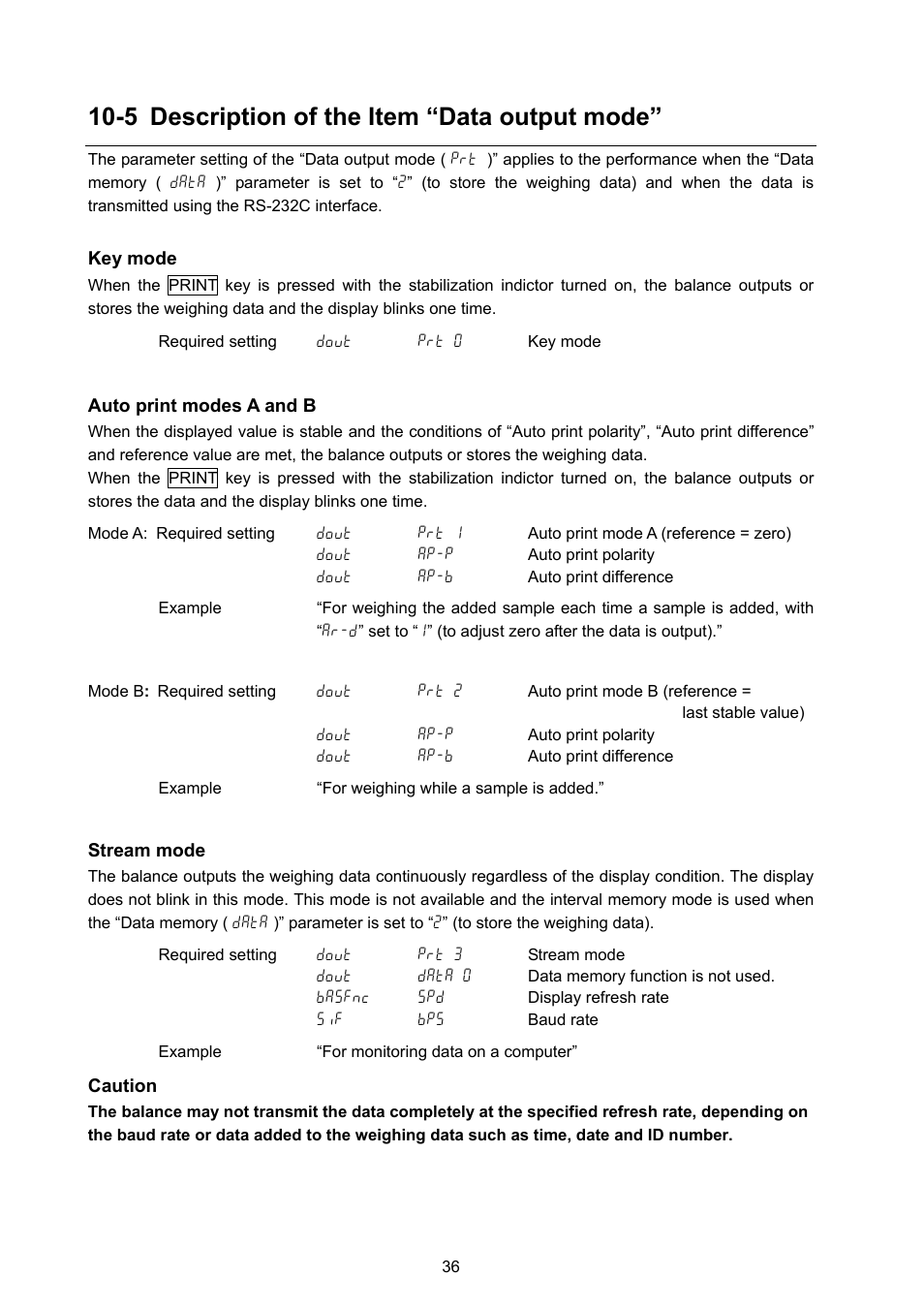 5 description of the item “data output mode | Rice Lake GF Series, A&D Weighing User Manual | Page 38 / 82