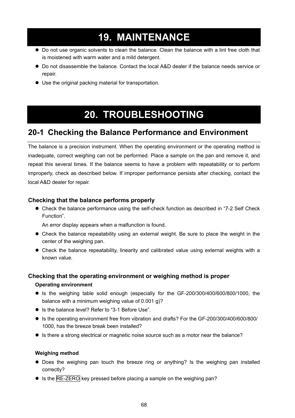 Maintenance, Troubleshooting, 1 checking the balance performance and environment | Rice Lake GF Series, A&D Weighing User Manual | Page 70 / 82