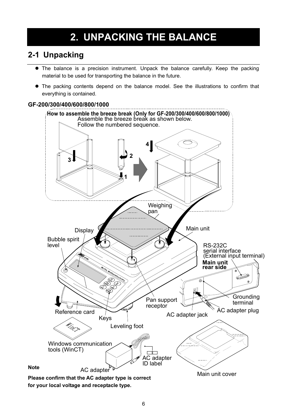 Unpacking the balance, 1 unpacking | Rice Lake GF Series, A&D Weighing User Manual | Page 8 / 82