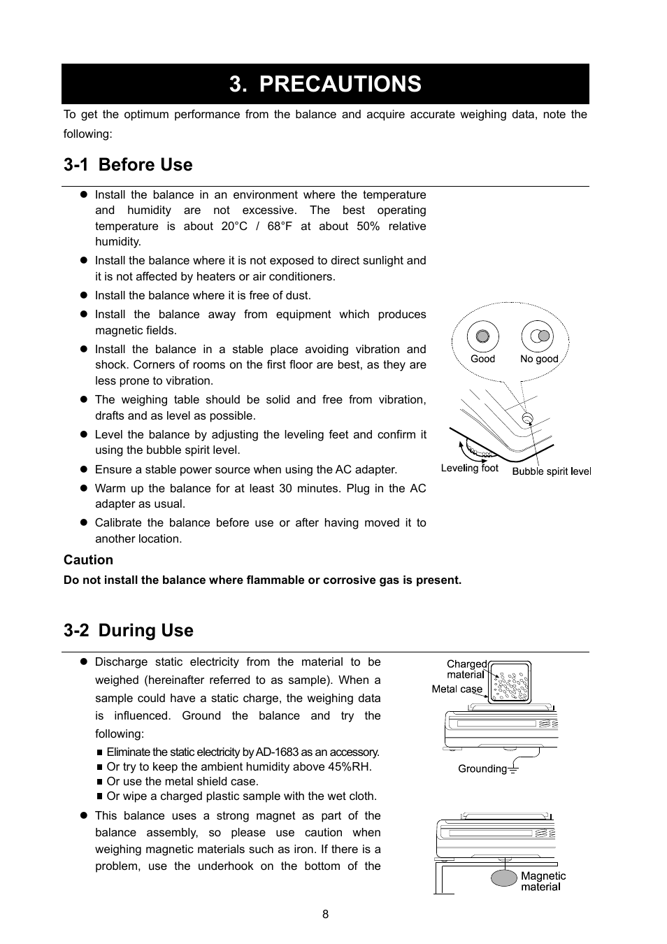 Precautions, 1 before use, 2 during use | Rice Lake GX Series, A&D Weighing User Manual | Page 10 / 86