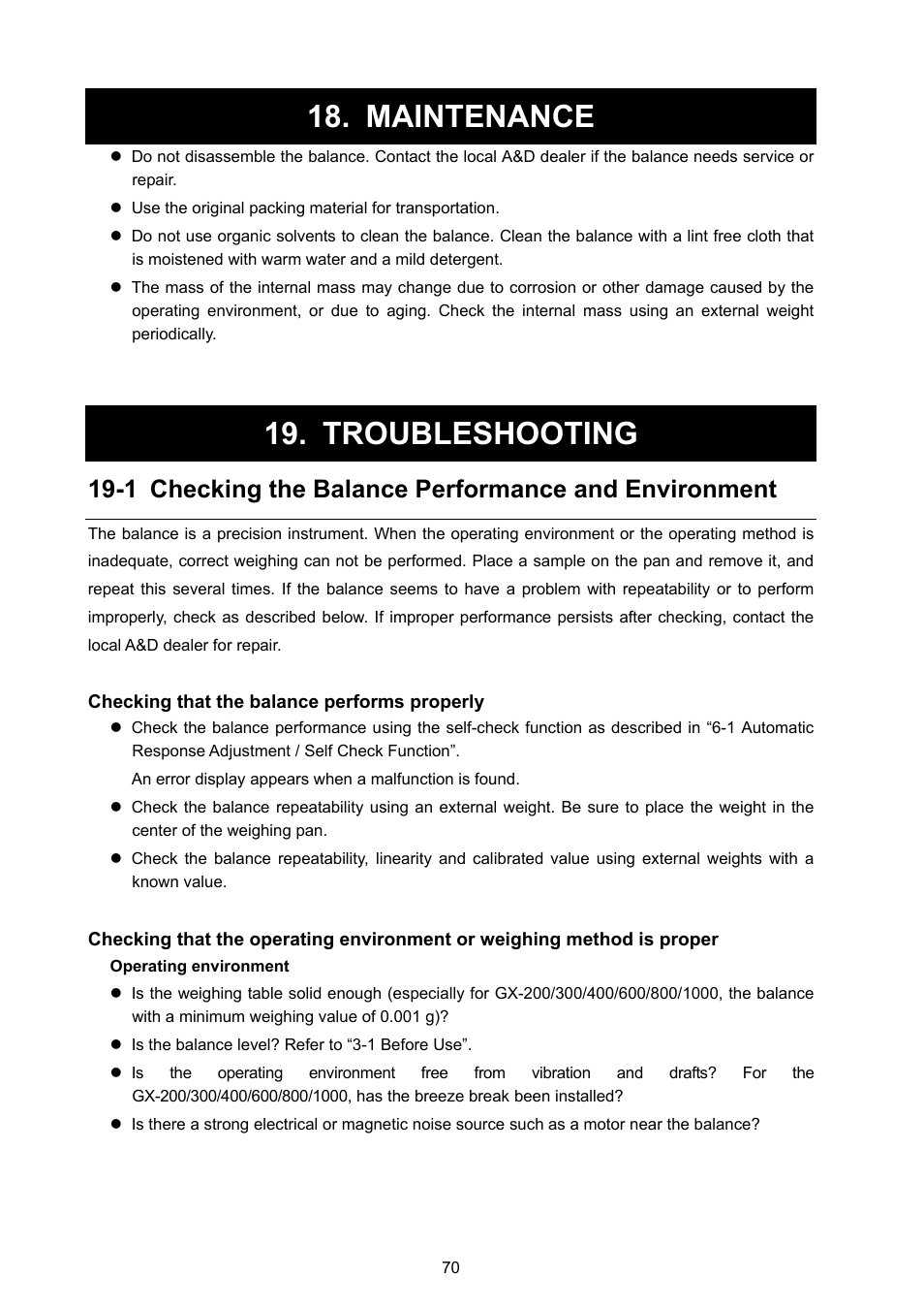 Maintenance, Troubleshooting, 1 checking the balance performance and environment | Rice Lake GX Series, A&D Weighing User Manual | Page 72 / 86