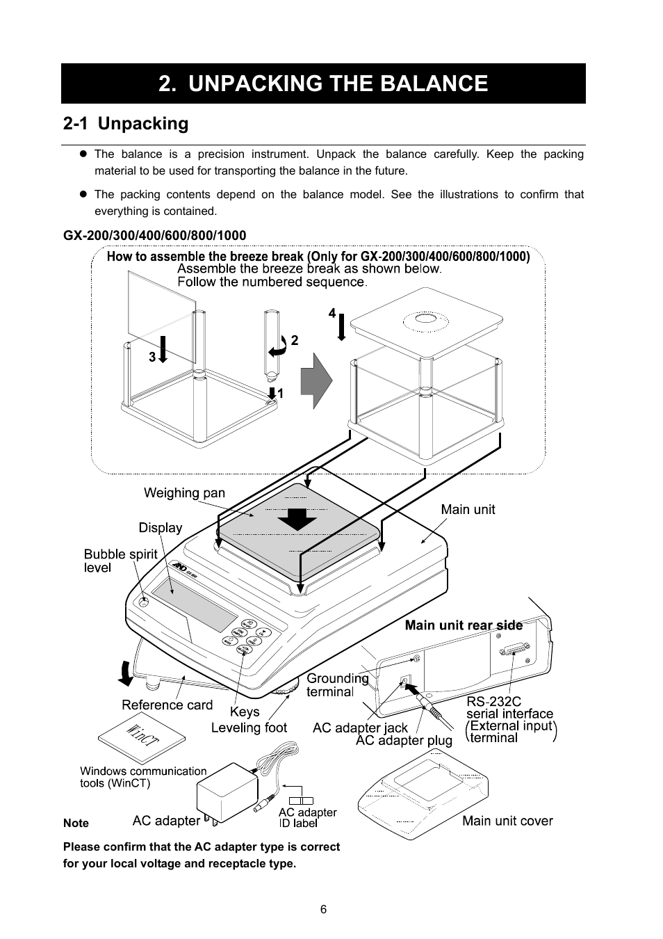 Unpacking the balance, 1 unpacking | Rice Lake GX Series, A&D Weighing User Manual | Page 8 / 86