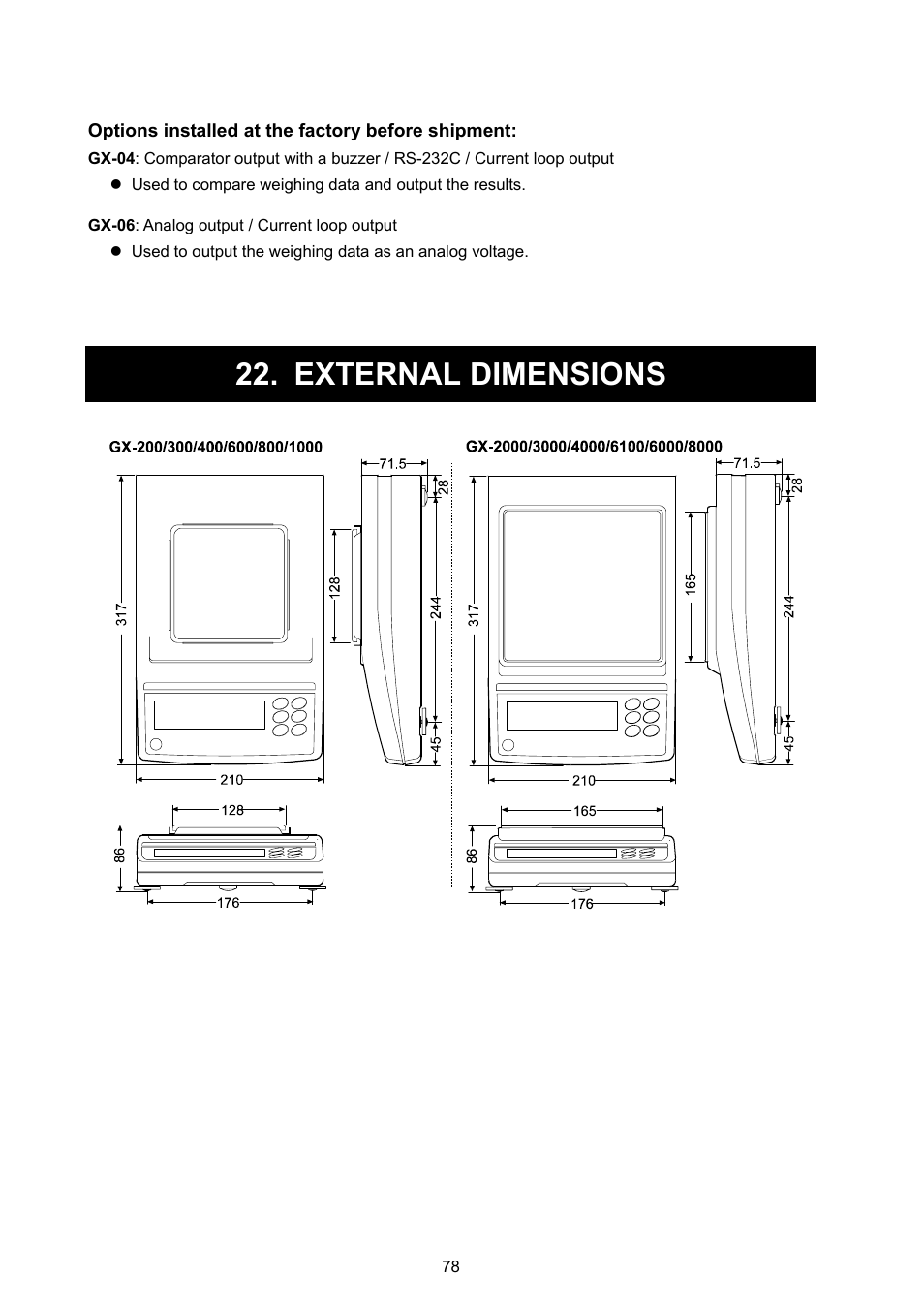 External dimensions | Rice Lake GX Series, A&D Weighing User Manual | Page 80 / 86