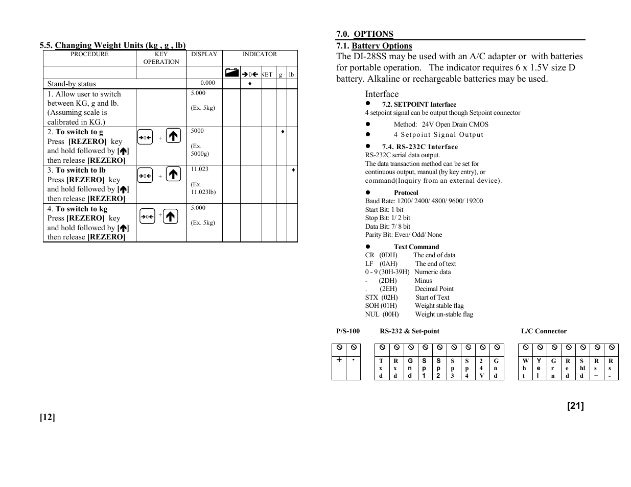 5 changing weight units, Options, Battery options | 2 setpoint interface, 4 rs-232c interface, Interface | Rice Lake Digi DI-28SS Bench Scale User Manual | Page 14 / 18