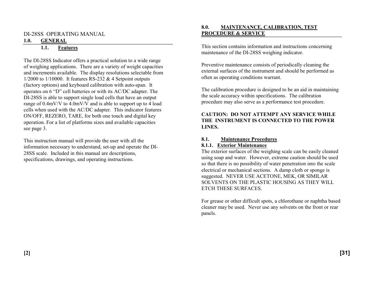 General, Features, Maintenance, calibration, test procedure & service | Maintenance procedures, Exterior maintenance | Rice Lake Digi DI-28SS Bench Scale User Manual | Page 4 / 18