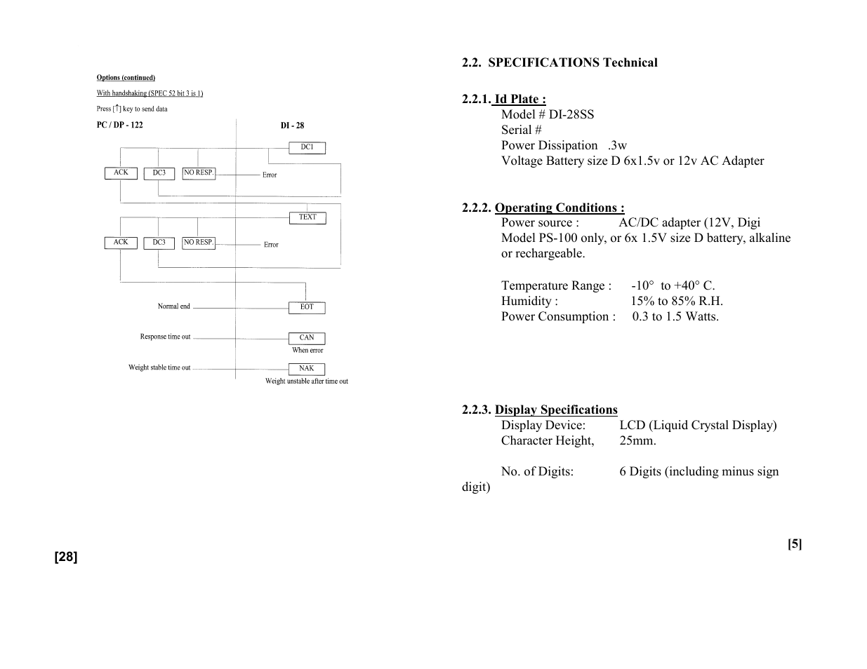 Specifications technical, Id plate, Operating conditions | Display specifications | Rice Lake Digi DI-28SS Bench Scale User Manual | Page 7 / 18