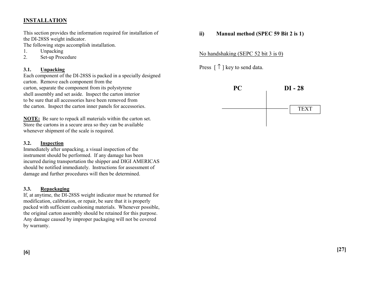 Installation, Unpacking, Inspection | Repackaging | Rice Lake Digi DI-28SS Bench Scale User Manual | Page 8 / 18