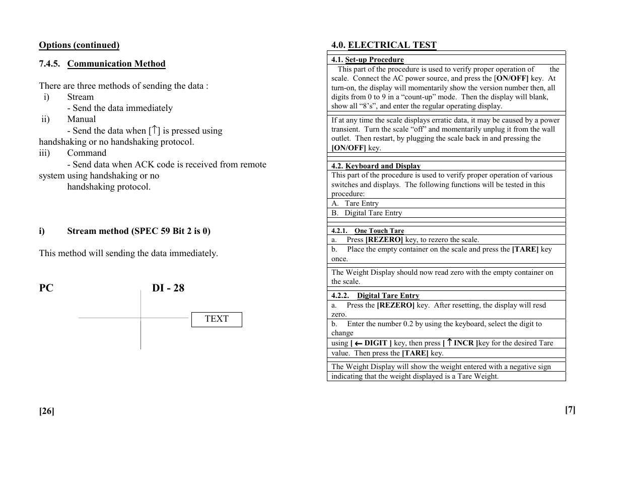 Electrical test, 1. set- up procedure, Keyboard and display | One touch tare, Digital tare entry, Communication method, Pc di - 28 | Rice Lake Digi DI-28SS Bench Scale User Manual | Page 9 / 18