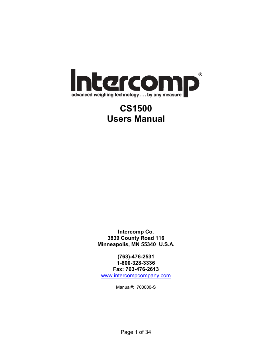 Rice Lake Intercomp CS 1500 - Users Manual User Manual | 34 pages