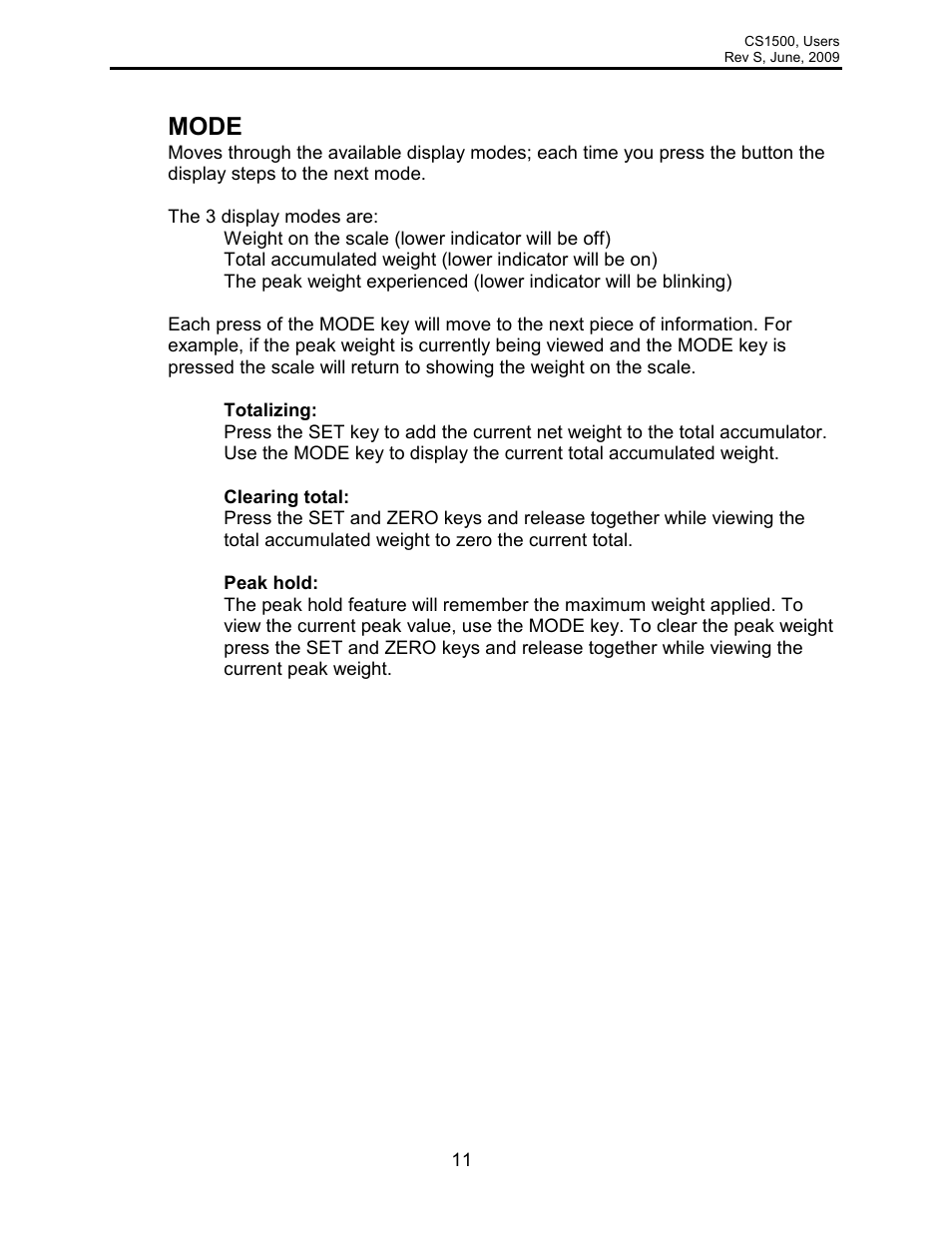 Mode | Rice Lake Intercomp CS 1500 - Users Manual User Manual | Page 11 / 34