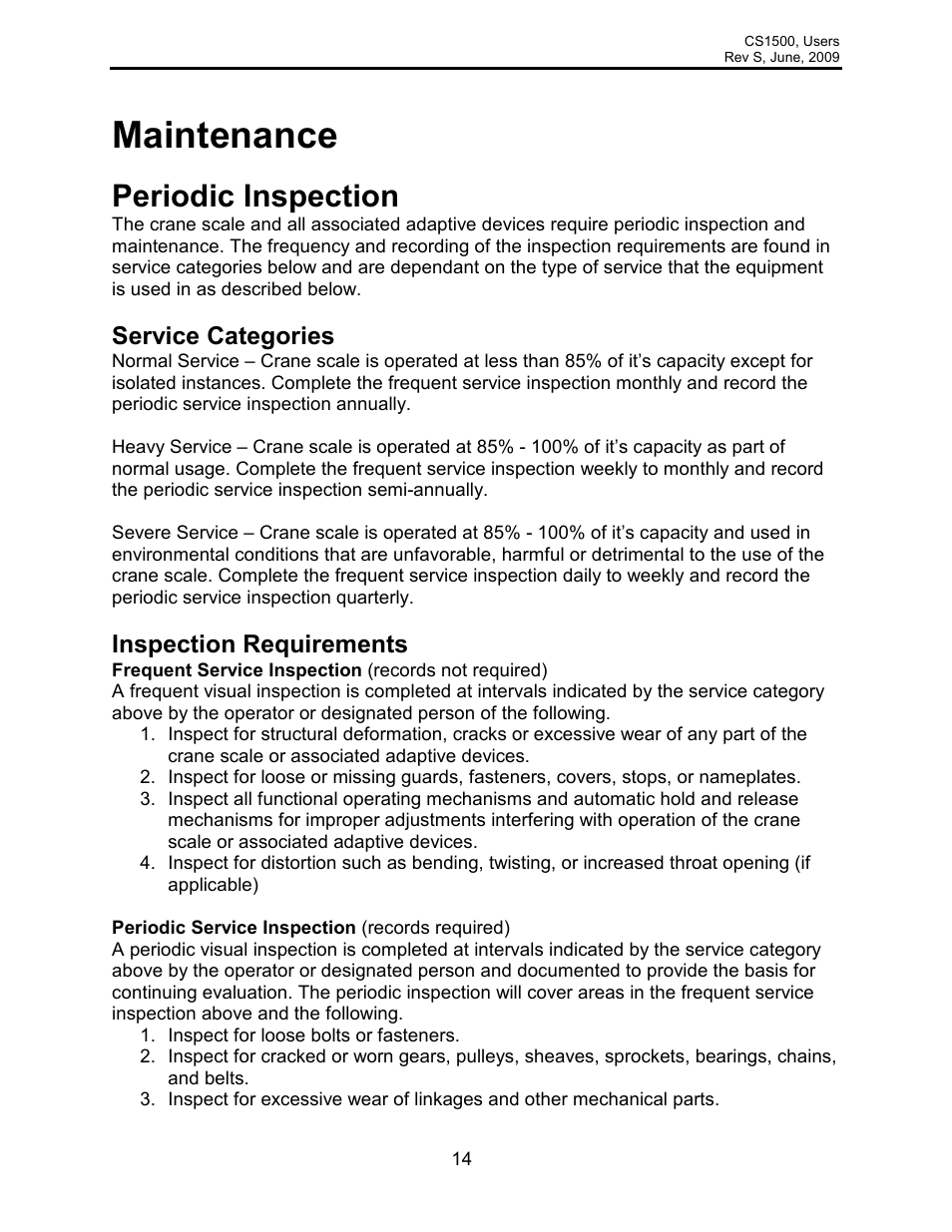 Maintenance, Periodic inspection, Service categories | Inspection requirements | Rice Lake Intercomp CS 1500 - Users Manual User Manual | Page 14 / 34