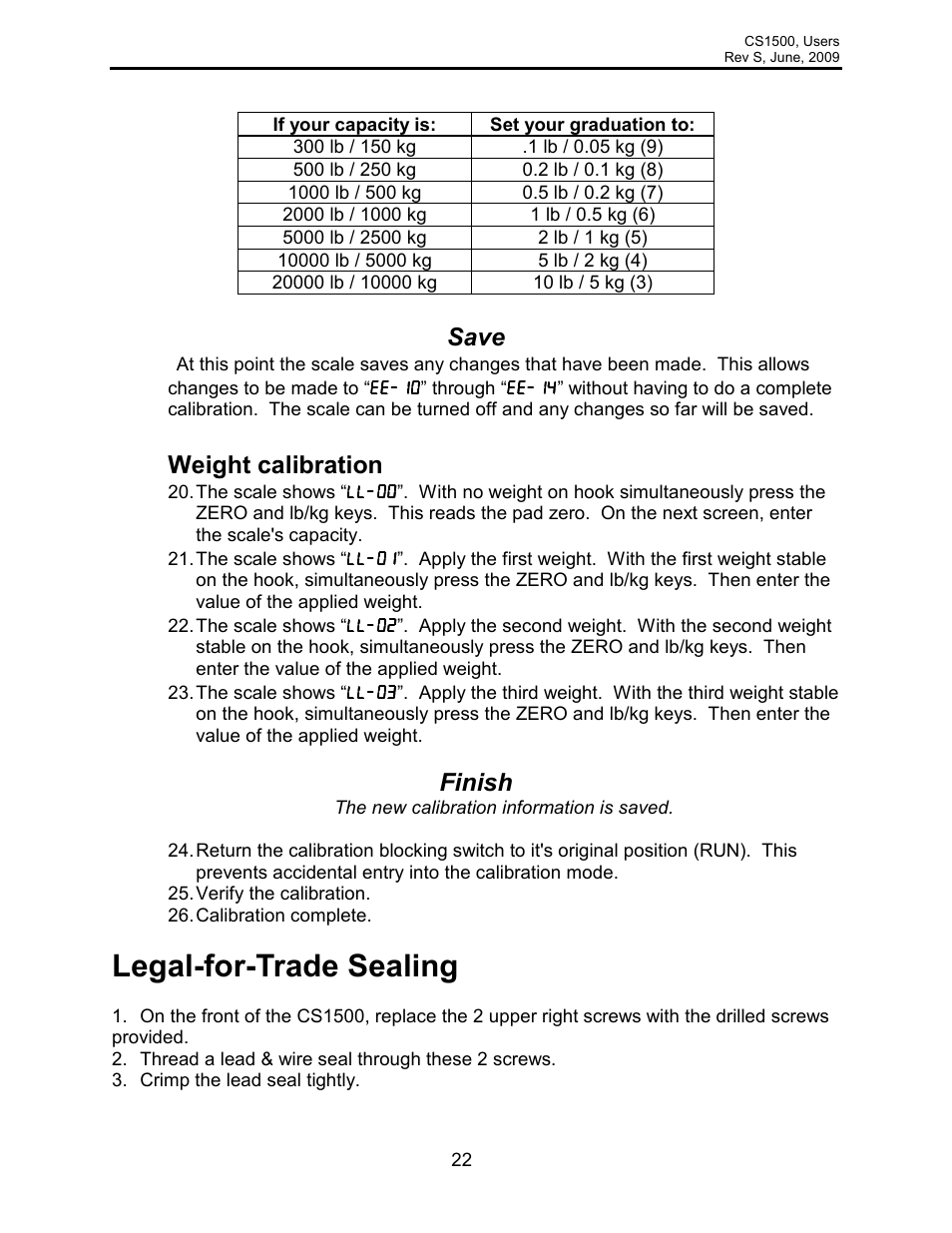 Legal-for-trade sealing, Save, Weight calibration | Finish | Rice Lake Intercomp CS 1500 - Users Manual User Manual | Page 22 / 34