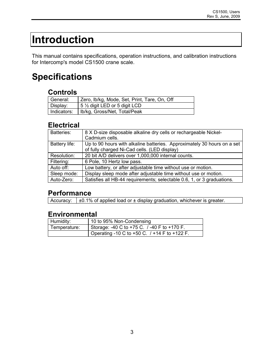 Introduction, Specifications, Controls | Electrical, Performance, Environmental | Rice Lake Intercomp CS 1500 - Users Manual User Manual | Page 3 / 34
