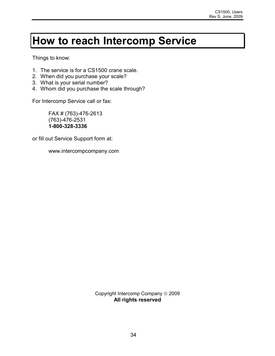 How to reach intercomp service | Rice Lake Intercomp CS 1500 - Users Manual User Manual | Page 34 / 34