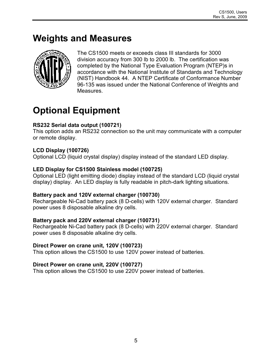 Weights and measures, Optional equipment | Rice Lake Intercomp CS 1500 - Users Manual User Manual | Page 5 / 34
