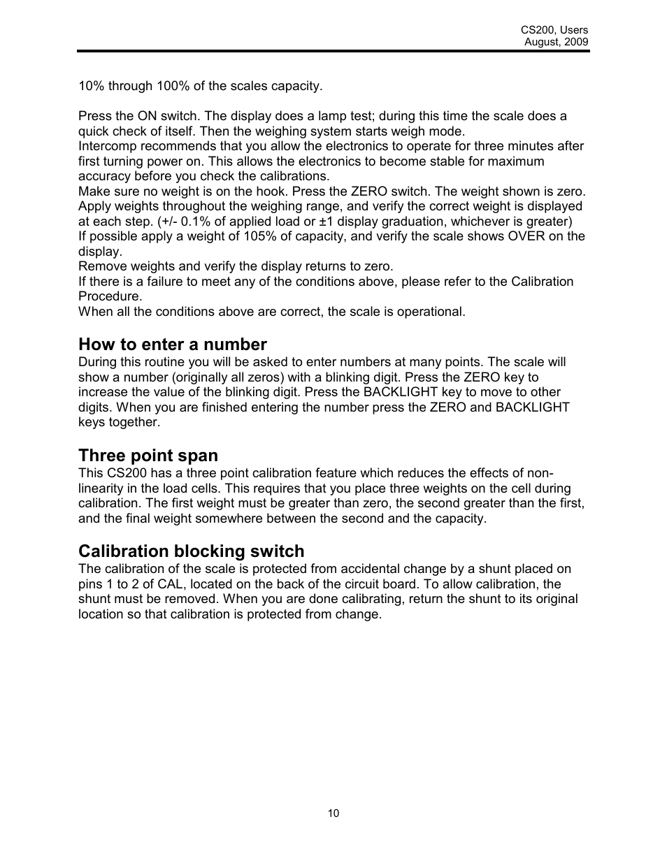 How to enter a number, Three point span, Calibration blocking switch | Rice Lake Intercomp CS 200 - Users Manual User Manual | Page 10 / 15