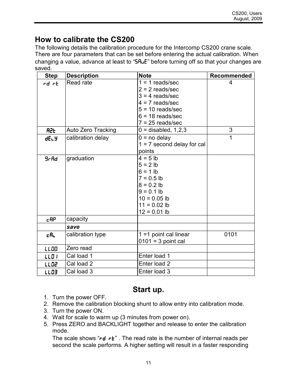 How to calibrate the cs200, Start up | Rice Lake Intercomp CS 200 - Users Manual User Manual | Page 11 / 15