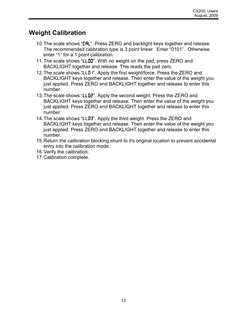 Weight calibration | Rice Lake Intercomp CS 200 - Users Manual User Manual | Page 13 / 15