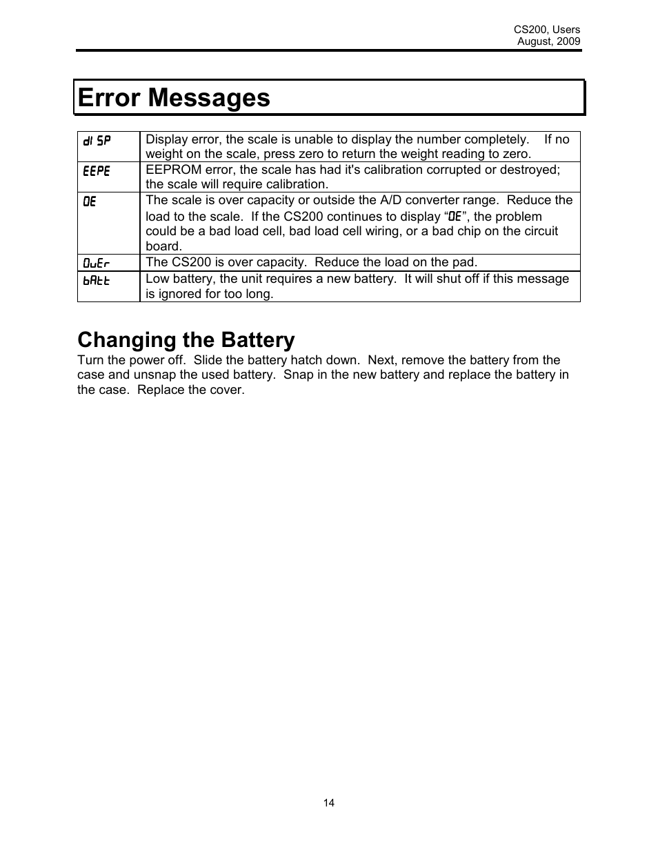 Error messages, Changing the battery | Rice Lake Intercomp CS 200 - Users Manual User Manual | Page 14 / 15