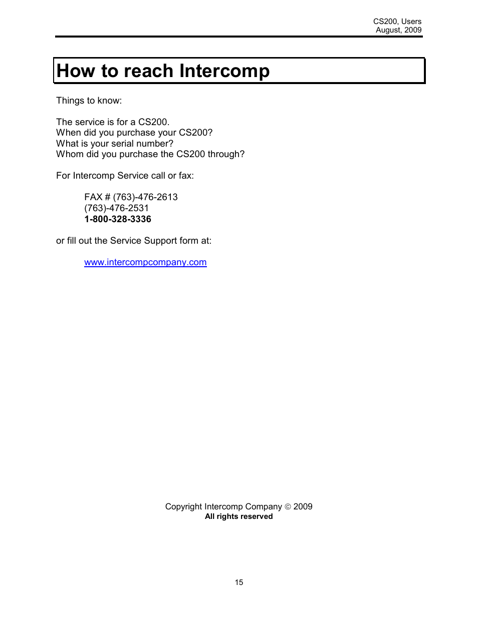 How to reach intercomp | Rice Lake Intercomp CS 200 - Users Manual User Manual | Page 15 / 15