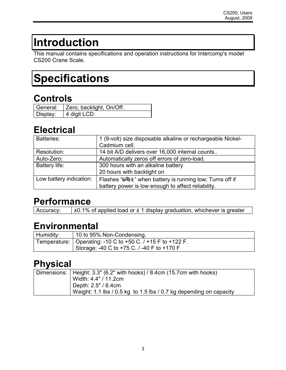 Introduction, Specifications, Controls | Electrical, Performance, Environmental, Physical | Rice Lake Intercomp CS 200 - Users Manual User Manual | Page 3 / 15