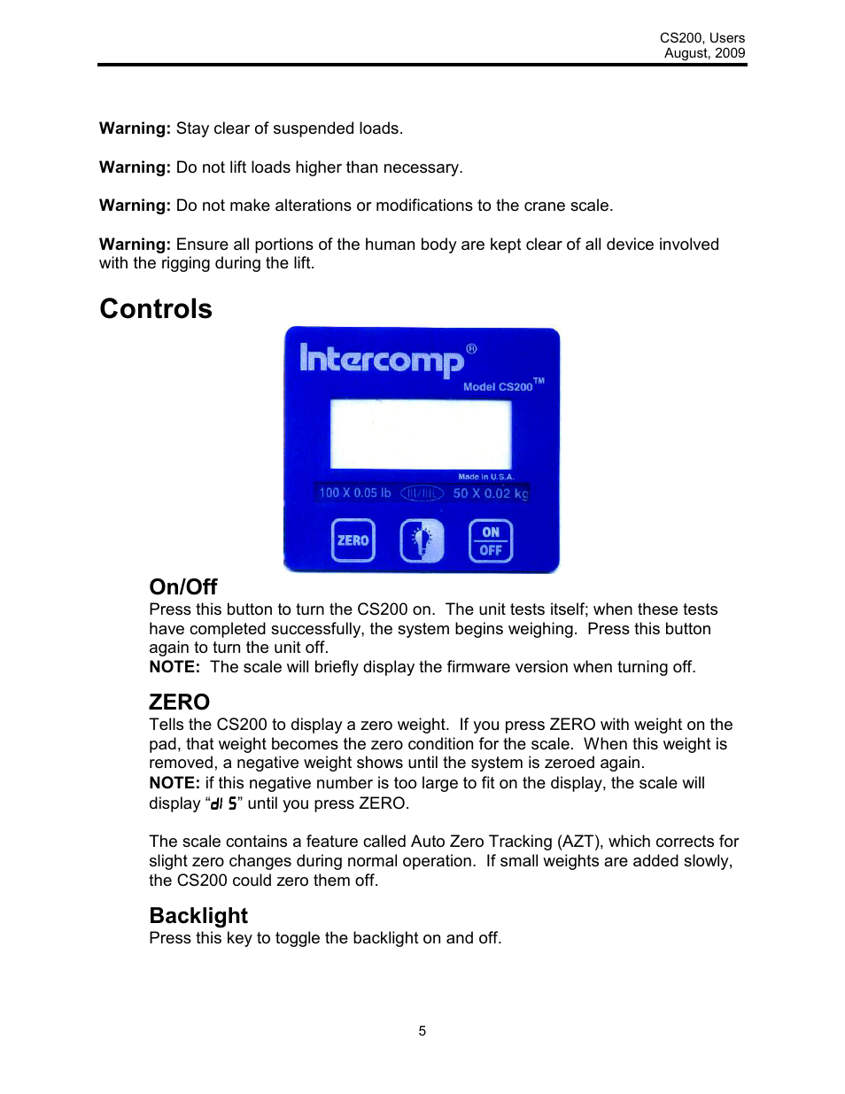 Controls, On/off, Zero | Backlight | Rice Lake Intercomp CS 200 - Users Manual User Manual | Page 5 / 15