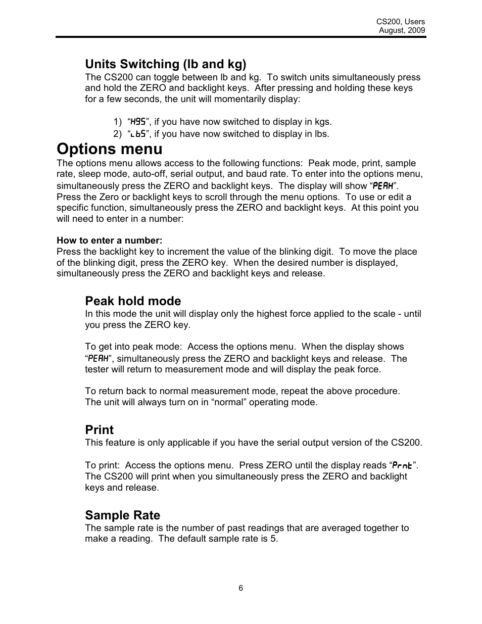 Options menu, Units switching (lb and kg), Peak hold mode | Print, Sample rate | Rice Lake Intercomp CS 200 - Users Manual User Manual | Page 6 / 15