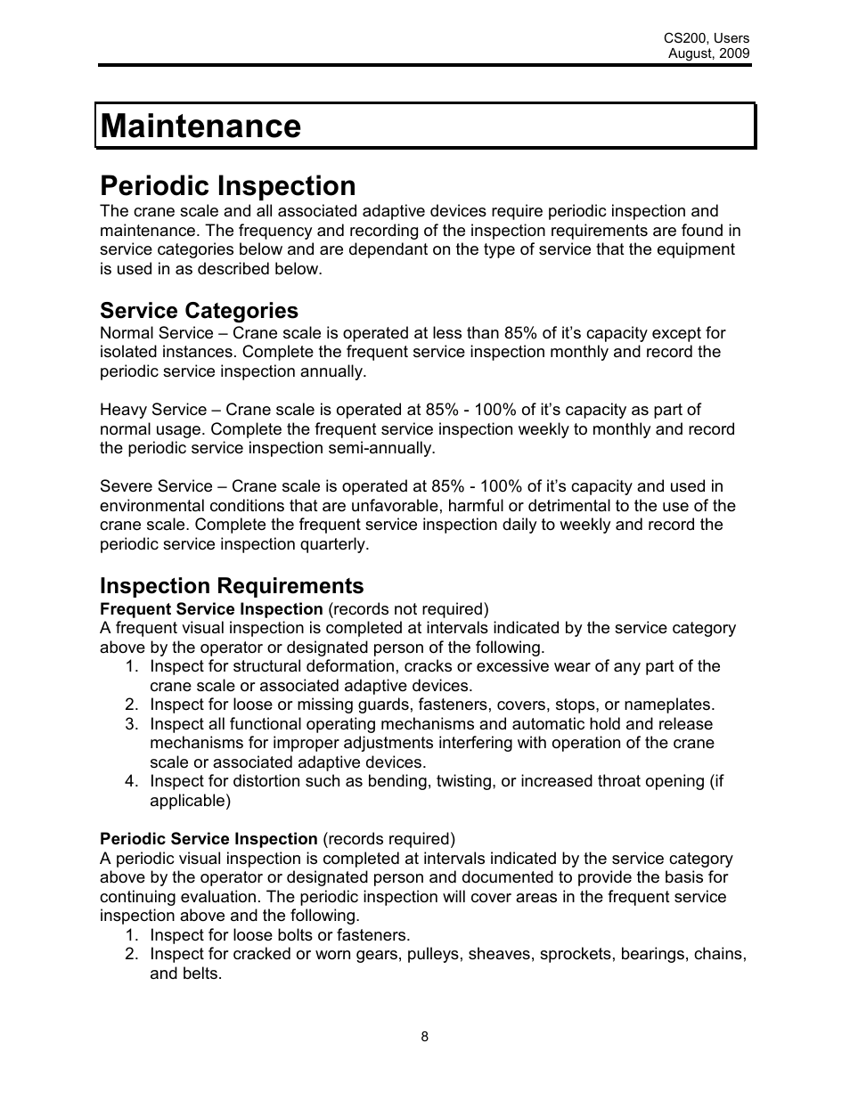Maintenance, Periodic inspection, Service categories | Inspection requirements | Rice Lake Intercomp CS 200 - Users Manual User Manual | Page 8 / 15