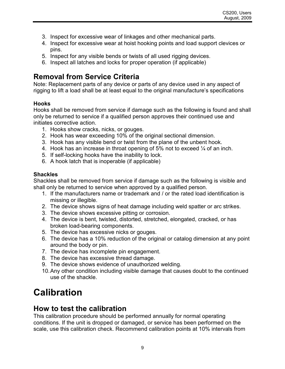Calibration, Removal from service criteria, How to test the calibration | Rice Lake Intercomp CS 200 - Users Manual User Manual | Page 9 / 15