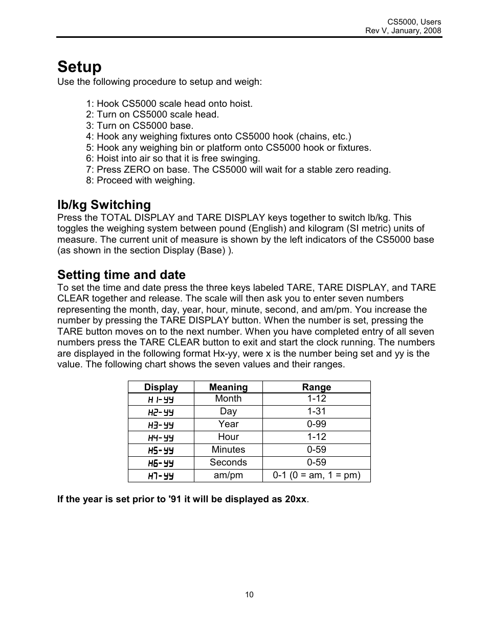 Setup, Lb/kg switching, Setting time and date | Rice Lake Intercomp CS 5000 - Users Manual User Manual | Page 10 / 31