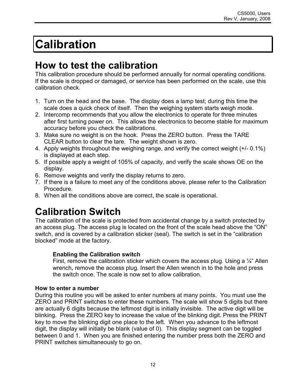 Calibration, How to test the calibration, Calibration switch | Rice Lake Intercomp CS 5000 - Users Manual User Manual | Page 12 / 31