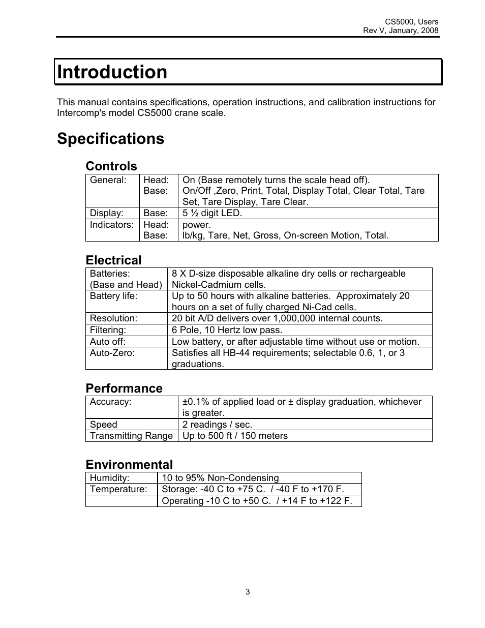 Introduction, Specifications, Controls | Electrical, Performance, Environmental | Rice Lake Intercomp CS 5000 - Users Manual User Manual | Page 3 / 31