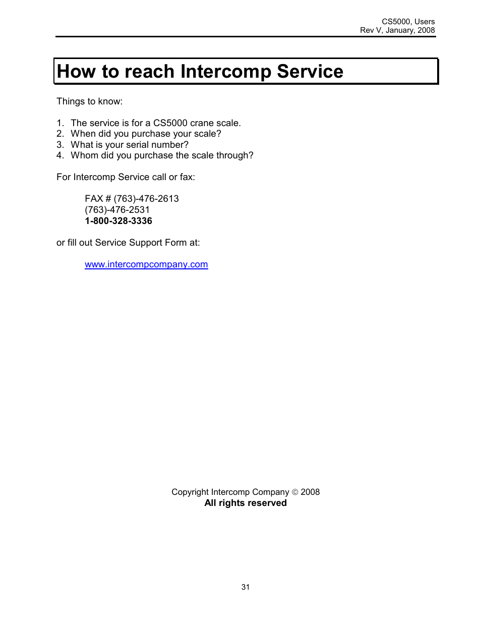 How to reach intercomp service | Rice Lake Intercomp CS 5000 - Users Manual User Manual | Page 31 / 31