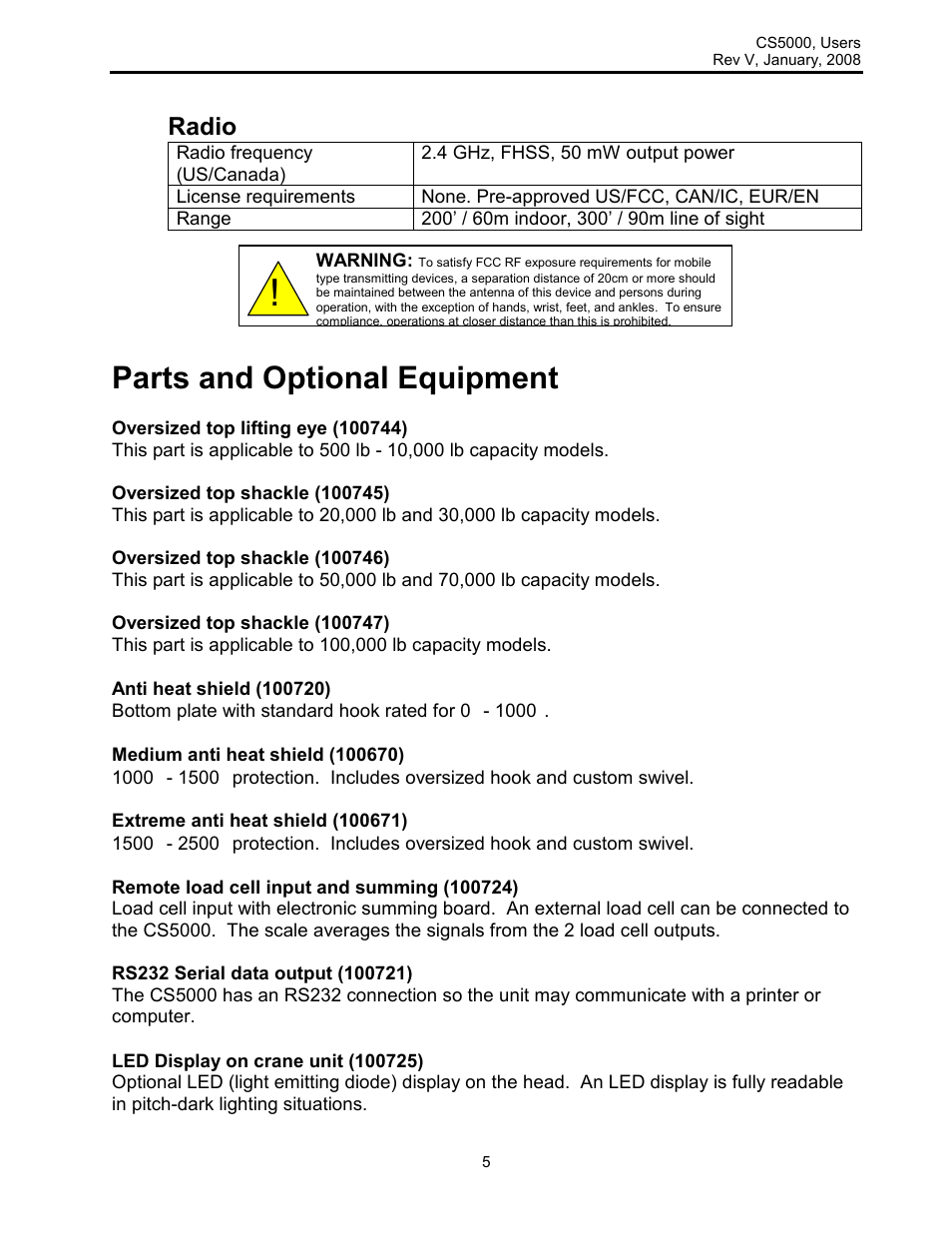 Parts and optional equipment, Radio | Rice Lake Intercomp CS 5000 - Users Manual User Manual | Page 5 / 31