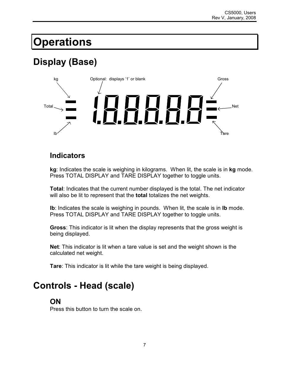 Operations, Display (base), Controls - head (scale) | Indicators | Rice Lake Intercomp CS 5000 - Users Manual User Manual | Page 7 / 31