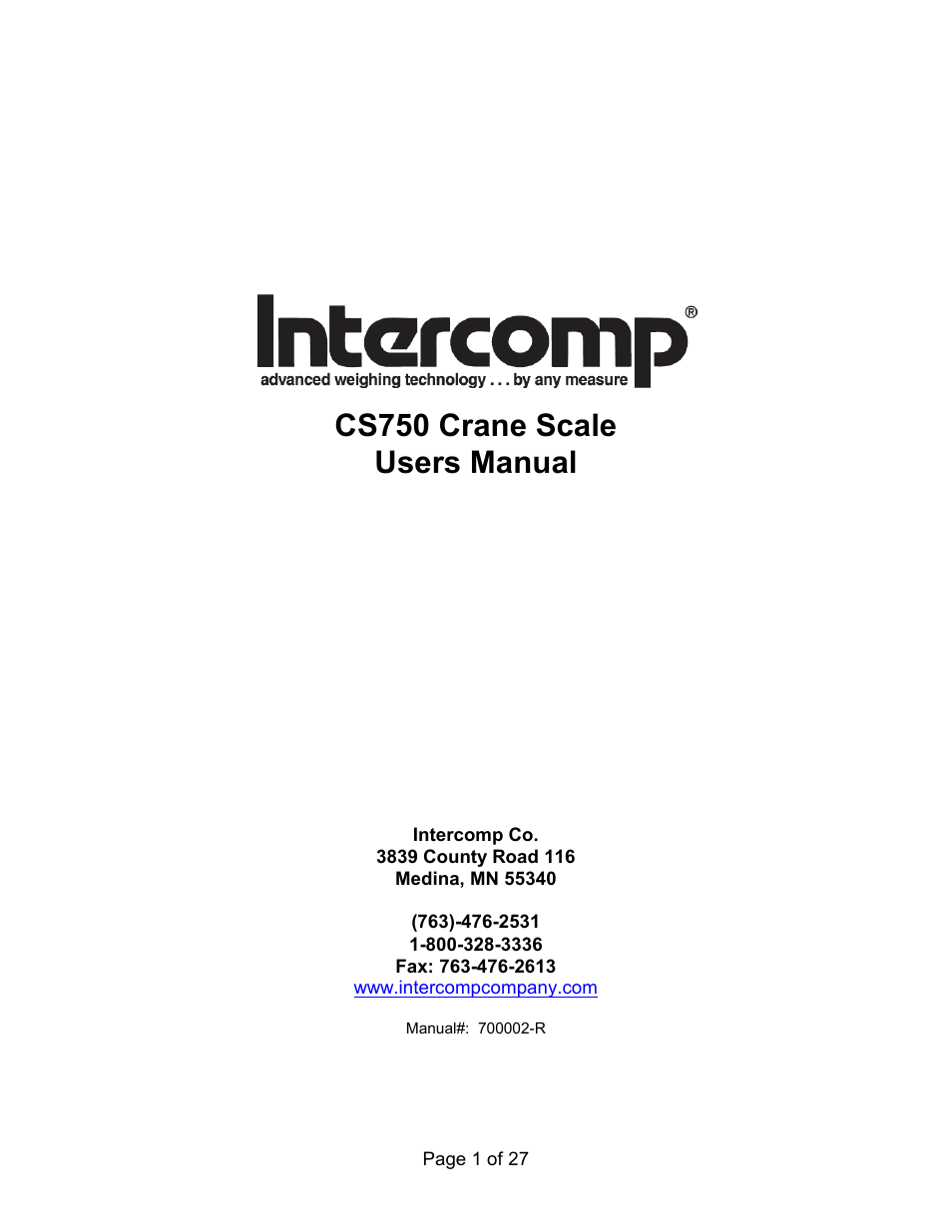 Rice Lake Intercomp CS 750 - Users Manual User Manual | 27 pages