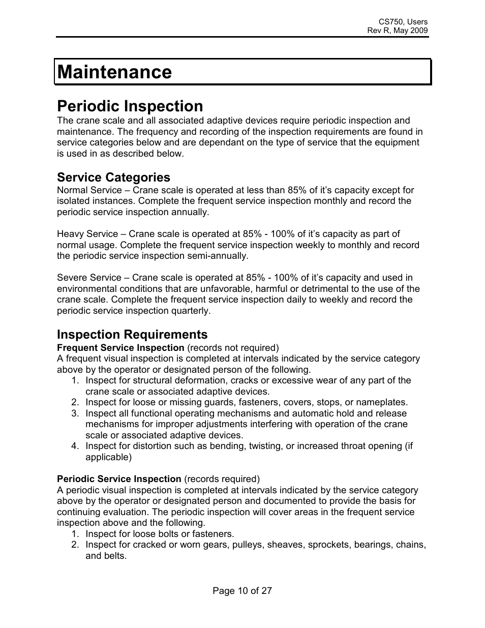 Maintenance, Periodic inspection, Service categories | Inspection requirements | Rice Lake Intercomp CS 750 - Users Manual User Manual | Page 10 / 27