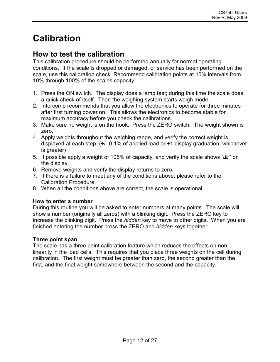 Calibration, How to test the calibration | Rice Lake Intercomp CS 750 - Users Manual User Manual | Page 12 / 27