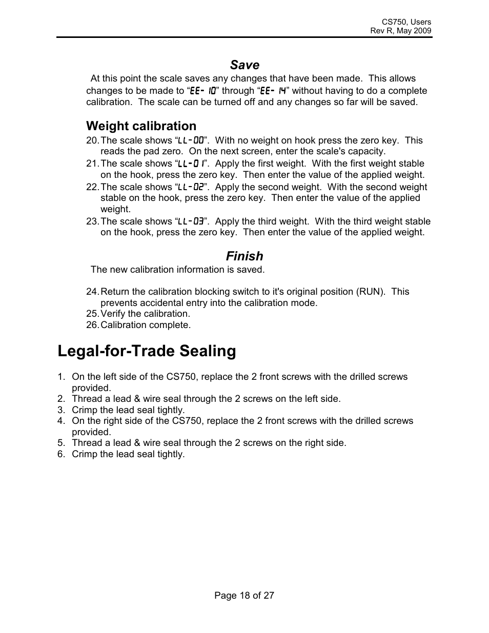 Legal-for-trade sealing, Save, Weight calibration | Finish | Rice Lake Intercomp CS 750 - Users Manual User Manual | Page 18 / 27