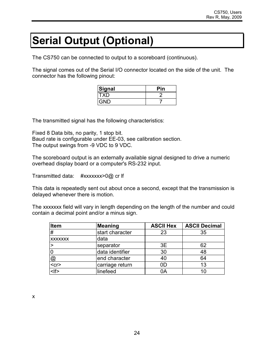Serial output (optional) | Rice Lake Intercomp CS 750 - Users Manual User Manual | Page 24 / 27