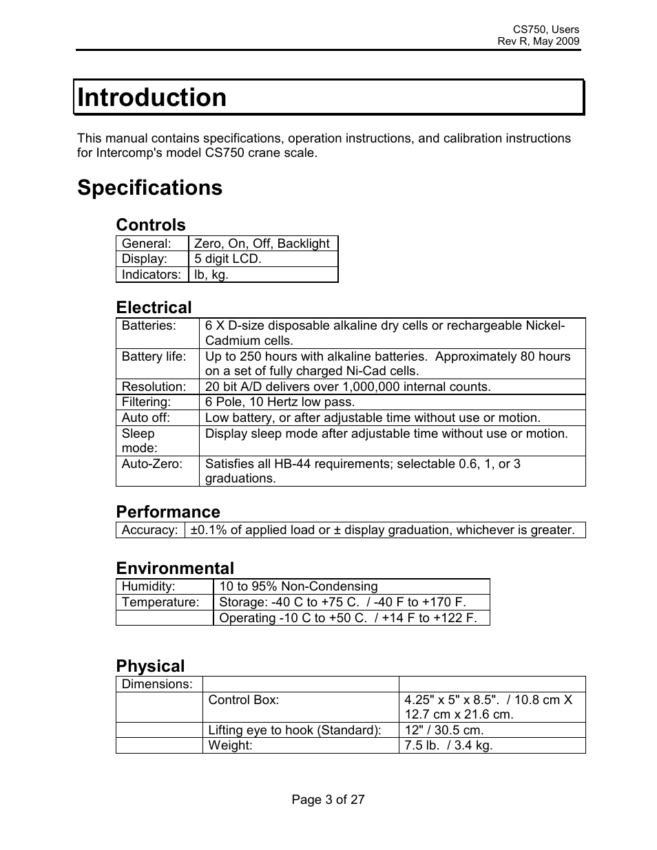 Introduction, Specifications, Controls | Electrical, Performance, Environmental, Physical | Rice Lake Intercomp CS 750 - Users Manual User Manual | Page 3 / 27